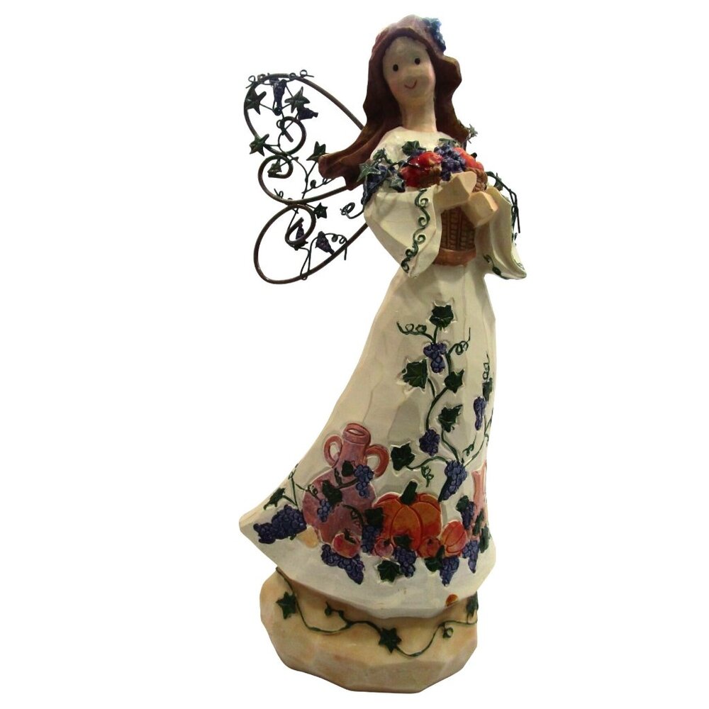 Autumn Angel Carved Wood Look Resin Metal Wings Fall Basket Cornucopia GUC